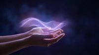 Hands cupping glowing purple energy waves against dark blue background. Spiritual healing, magic power, supernatural abilities concept for wellness design.