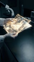 Scientist in white gloves holding glowing holographic circuit board display in laboratory setting with microscope and equipment in background.