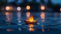 Glowing paper boat floating on dark water surface with bokeh lights creating magical atmosphere. Illuminated origami vessel at dusk reflects warm light.