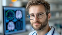 Caucasian male doctor with glasses and beard examining brain MRI scans in medical office, healthcare professional analyzing neurological diagnostic results.