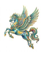 Ornate winged horse pegasus with gold accents and teal watercolor details, isolated on transparent background, for stickers, sublimation, t-shirt design.