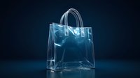 Glowing transparent shopping bag on dark background with neon blue light effect creates modern retail concept for luxury fashion and commerce.