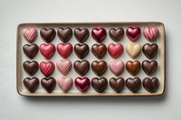 Heart shaped chocolate bonbons and pralines in various colors and decorations arranged in rows on rectangular ceramic plate, romantic dessert selection.