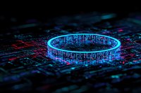 Glowing blue digital ring on circuit board background with binary code elements and neon lighting effects creates futuristic technology concept.