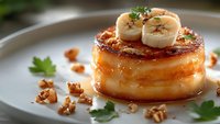 Caramelized flan dessert topped with fresh banana slices, chopped walnuts and parsley garnish on gray plate, close up view with selective focus.