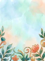 Soft watercolor background with ornate golden floral border, pastel teal and peach tones, coral flowers and green leaves for cards.