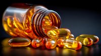Amber gel capsules and softgel supplements spilling from glass bottle on dark background, showcasing nutritional health products.