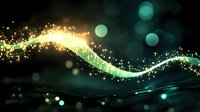 Magical glowing green and gold wave with sparkles and bokeh effects on dark background, abstract light trail design for festive backgrounds and celebrations.