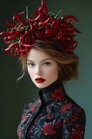 Young woman wearing red chili pepper crown and floral pattern dress against dark background. Dramatic fashion portrait with bright red lipstick and natural makeup.
