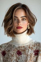 Young woman with freckles wearing white turtleneck winter sweater with snowflake pattern, pearl earrings, and red lipstick. Short wavy brown hair frames natural makeup look.