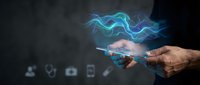 Senior businessman hands holding smartphone with glowing blue digital waves and technology icons representing wireless connectivity and data transfer.