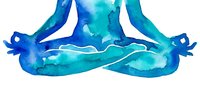 Silhouette of meditating person in lotus pose with blue and turquoise watercolor texture, isolated on white background for wellness and yoga design projects.
