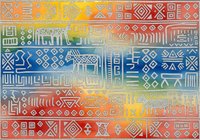 Colorful geometric seamless pattern with tribal and ethnic motifs in warm and cool tones. Features repeating abstract shapes, diamonds, and linear elements. Tiles seamlessly for backgrounds, textiles, and design projects.