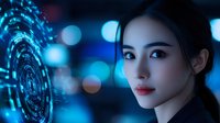 Young Asian businesswoman interacting with futuristic holographic interface in modern office environment with blue neon lighting and bokeh effects.
