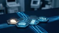 Futuristic digital healthcare interface with glowing hexagonal icons displaying medical symbols and data analytics in modern technology environment.