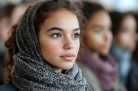 Young African American woman wearing gray knitted scarf in crowd, soft natural lighting, contemplative expression for lifestyle and fashion content.