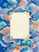Watercolor Asian cloud frame with golden ornate border and blank center space for text or design on swirling colorful background.