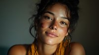 Young mixed-race woman with curly hair and freckles in warm golden light showing natural beauty and confidence in intimate portrait photography.