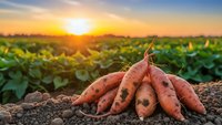 Fresh organic carrots harvested from fertile farmland at golden hour sunrise, showcasing sustainable agriculture and healthy root vegetables for farm-to-table dining.