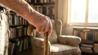 Senior man holding wooden cane in library with bookshelves and armchair, warm sunlight from window, elderly person with walking stick indoors.