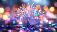 Magical glowing tree with vibrant purple and blue crystal branches against blurred bokeh background, reflecting on water surface creating dreamy atmosphere.