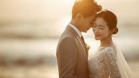 Asian couple in wedding attire sharing intimate moment during golden hour sunset by ocean. Bride in lace gown with veil, groom in suit embracing tenderly on beach.