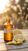 Organic lemon honey botanical extract in amber glass bottle with fresh citrus slices on rustic wooden surface with warm golden bokeh background.