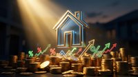 House icon with golden coins and percentage symbols representing mortgage rates, real estate investment returns, and property financing concepts for financial services marketing.
