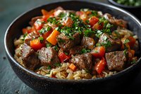 Tender beef chunks with colorful bell peppers and fresh herbs served over rice in black bowl, garnished with parsley. Close up view of homestyle dinner meal.