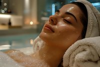 Young Asian woman relaxing in spa bath with foam, wearing white towel on head, eyes closed with peaceful expression, glowing hydrated skin in warm lighting.