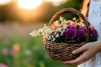 Woven wicker basket filled with fresh wildflowers including purple statice and white baby's breath held against sunset background, creating romantic countryside mood.