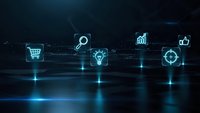 Digital business icons connected by glowing network lines on dark technology background for corporate presentations and marketing materials.