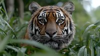 Majestic tiger head portrait emerging from lush green foliage in natural habitat. Wild big cat with striking orange and black stripes gazing directly forward.