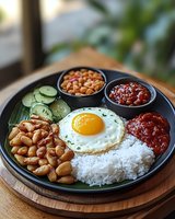 Asian breakfast bowl with sunny side up egg, steamed rice, peanuts, cucumber slices and spicy sauces served on black plate, top view. Perfect for food menu.