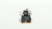 Black cat wearing witch hat sitting in cauldron with magical sparkles and stars, isolated on white background for Halloween designs, clipart, and merchandise applications.