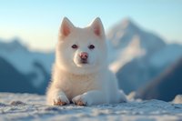 White Samoyed puppy lying in snow against mountain backdrop, soft morning light illuminates fluffy fur and pink nose, serene winter landscape setting.