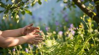 Hands reaching toward sunlit green foliage in peaceful garden setting with soft bokeh background creating serene natural wellness atmosphere.