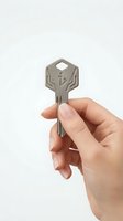 Hand holding metal house key with home symbol on white background isolated for real estate and security concepts.