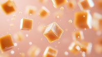 Floating caramel cubes and droplets on pink background, dynamic food composition with sweet candy pieces in motion, soft focus effect creates dreamy atmosphere.