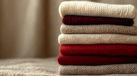 Stack of neatly folded cozy knitted sweaters in burgundy red and beige colors on blurred background. Warm winter clothing concept for seasonal wardrobe.