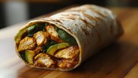 Grilled chicken wrap with fresh vegetables and spicy sauce rolled in flour tortilla on wooden surface, close up view showing texture and filling details.