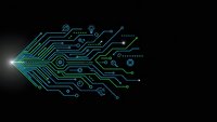Futuristic circuit board pattern with glowing blue and green lines on dark background for technology and digital innovation concepts.