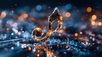 Glowing musical note on dark background with bokeh lights and sparkles, creating magical atmosphere for music and entertainment concepts.