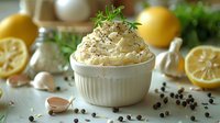 Creamy garlic aioli sauce topped with fresh thyme in white ceramic bowl, surrounded by fresh lemons, garlic cloves and peppercorns on light surface.