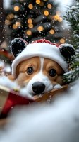 Adorable Pembroke Welsh Corgi wearing panda-style winter hat with snow and bokeh lights in background, looking at camera with expressive eyes during holiday season.