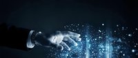 Businessman hand touching digital network with glowing particles and data streams, representing technology innovation and connectivity for business solutions.