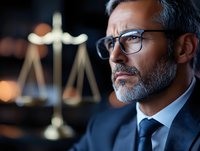 Mature Caucasian male lawyer in suit and glasses with contemplative expression near justice scales, dark dramatic lighting creates professional atmosphere.