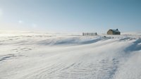 Isolated wooden cabin and fence in vast snowy winter landscape under clear sky, suitable for seasonal backgrounds and rural design projects.