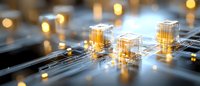 Glowing microchip components on circuit board with golden light effects and bokeh, futuristic technology concept for artificial intelligence and computing.