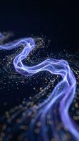 Abstract purple energy wave flowing through dark space with golden particles and bokeh lights creating dynamic motion effect for digital art projects.